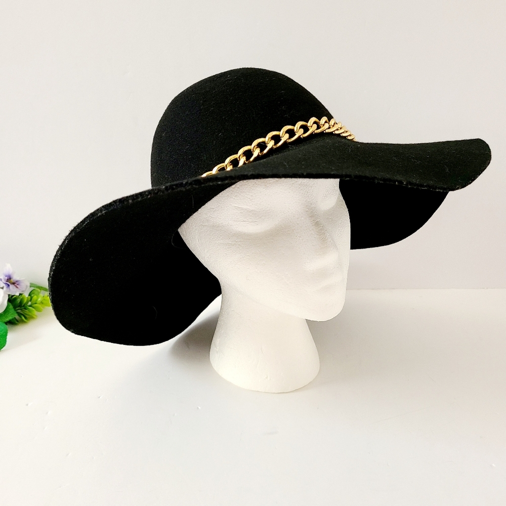 Kathy Jeanne Gold Chain Detail Floppy Wool Boho Black Wide Rim Hat